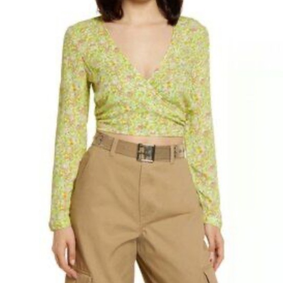 BP Nordstrom Floral Crop Top XS Long Sleeve Green Hannah Kate - Picture 1 of 4
